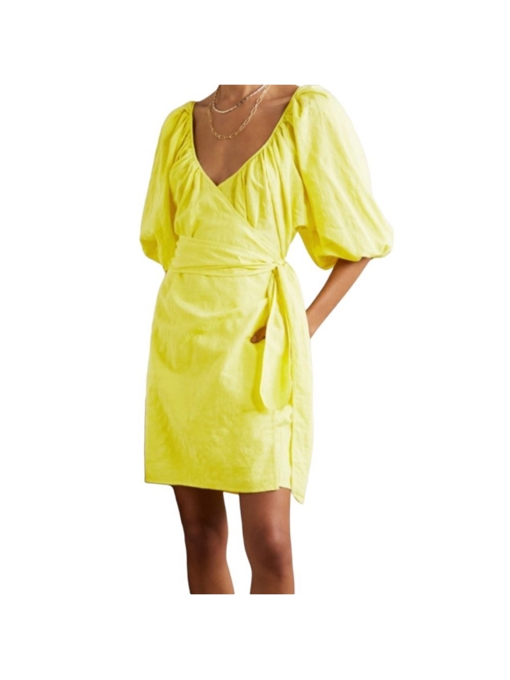 Mara Hoffman Yellow Wrap Mini Dress with Puff Sleeves